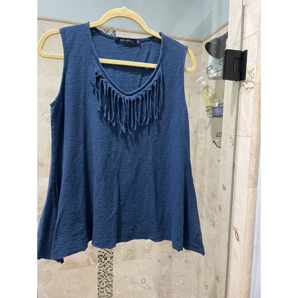 Cut Loose Women Blue Green Linen Cotton Fringe Tank Top V-Neck Swing Hem P M